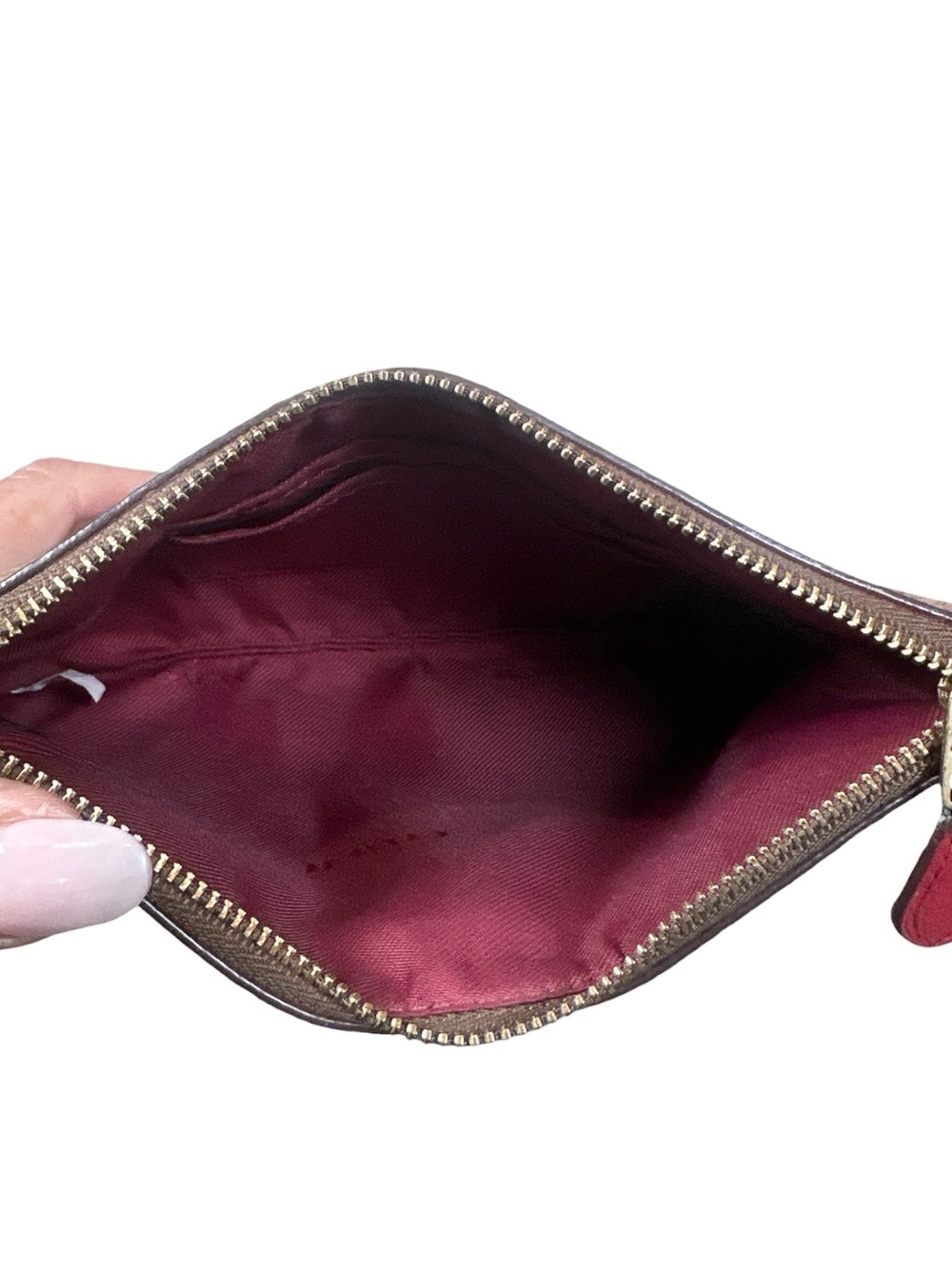 COACH Brown Signature Canvas Wristlet with Red & Cream Apple Print - Picture 9 of 11